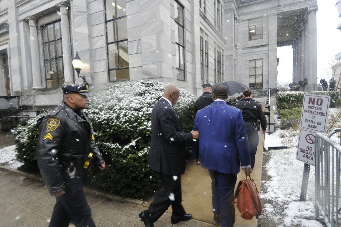 Bill Cosby arrives at the Montgomery County Courthouse in Norristown, Pa. on Monday, April 2, ahead of jury selection for his upcoming sexual assault retrial. (Bastiaan Slabbers/ for WHYY)
