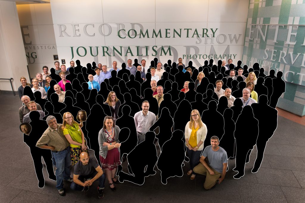 In May 2013, 142 newsroom employees of The Denver Post posed for a photo after the newspaper won a Pulitzer Prize for its coverage of the Aurora theater shooting in 2012. This illustration shows the original staff members who remain in April 2018. In May 2013, 142 newsroom employees of The Denver Post posed for a photo after the newspaper won a Pulitzer Prize for its coverage of the Aurora theater shooting in 2012. This illustration shows the original staff members who remain in April 2018.