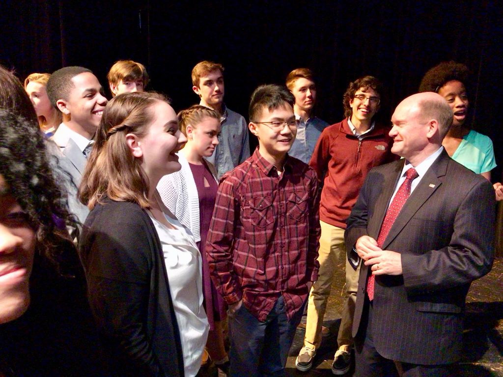 Chris Coons at Middletown High U.S. Sen. Chris Coons talks about school shootings with students at Middletown High School in Middletown, Delaware. (photo via Facebook/Sen. Coons staff)