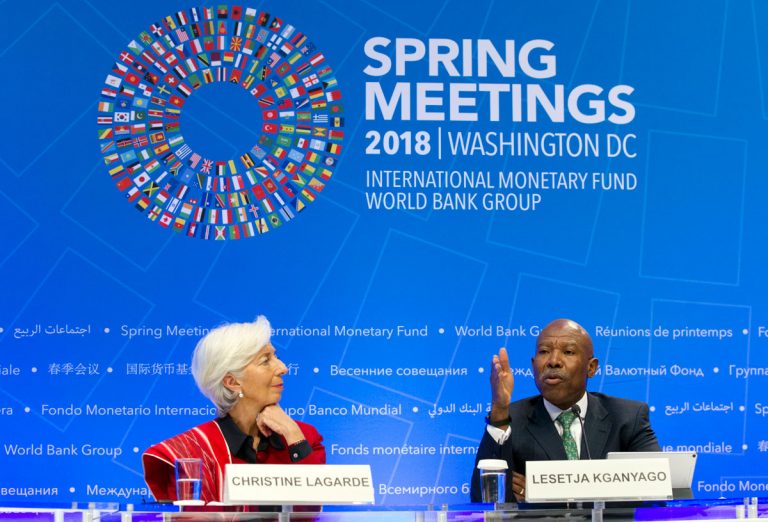 International Monetary Fund (IMF) Managing Director Christine Lagarde accompanied by International Monetary and Financial Committee (IMFC) Chair and South Africa's Reserve Bank Governor Lesetja Kganyagothey speaks during a news conference after the IMFC conference at the World Bank/IMF Spring Meetings, in Washington, Saturday, April 21, 2018. (Jose Luis Magana/AP Photo)