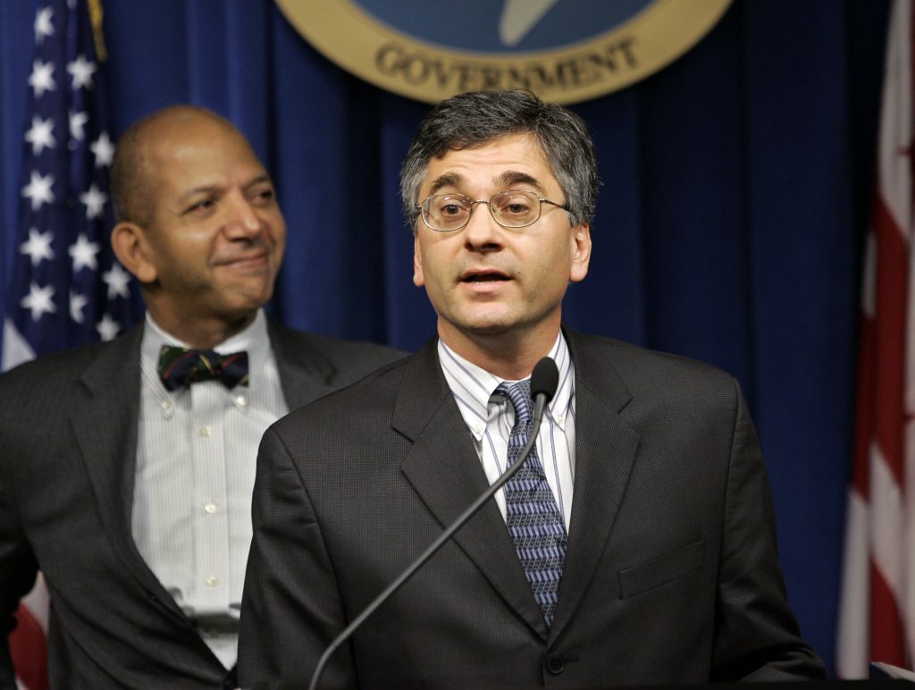 WILLIAMS SCHIRALDI FILE, In this Dec. 15, 2004 photo, Washington Mayor Tony Williams, left, introduces the District of Columbia's new director of the Youth Services Administration, Vincent Schiraldi.
