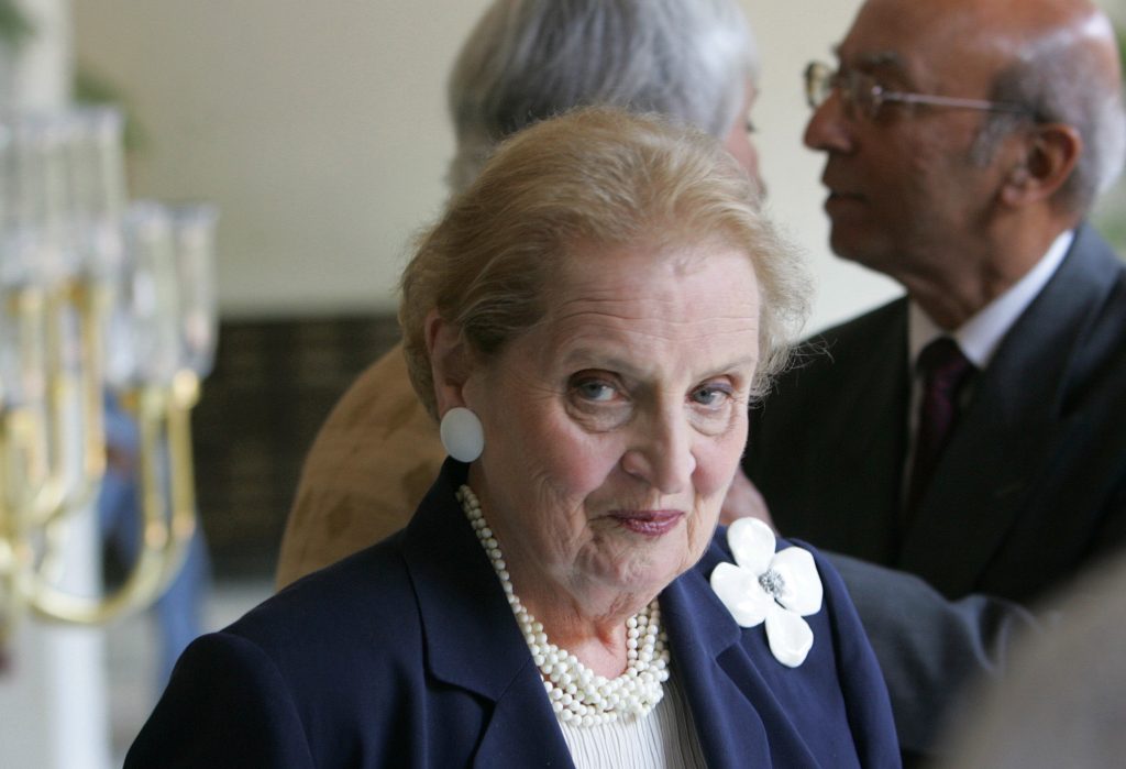 Madeleine Albright Former U.S. Secretary of State Madeleine Albright arrives to address an interactive session on "America, India and Democracy in the 21st Century" in New Delhi, India, Tuesday, Sept. 5, 2006. The session was organized by The Aspen Institute India and Confederation of Indian Industry. Also seen background right is President of The Aspen Institute India Tarun Das. (AP Photo/Gurinder Osan)