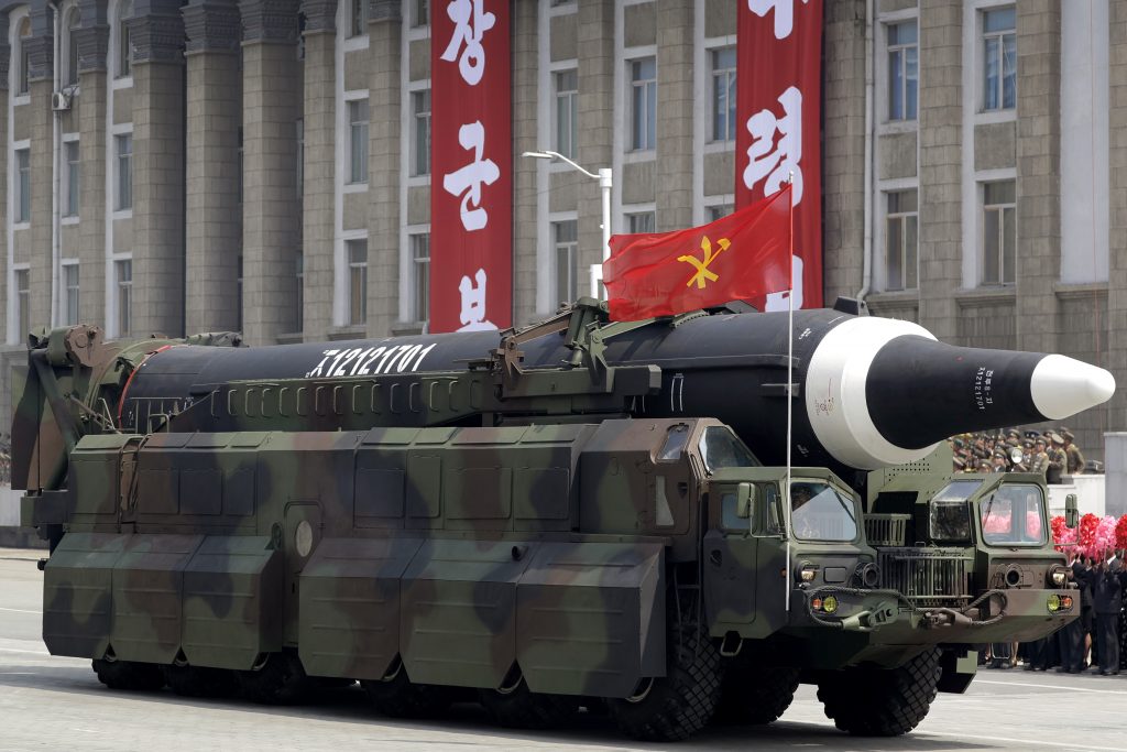 North Korea Republic of Kim The Nuclear Option FILE - In this April 15, 2017, file photo, an unidentified missile that analysts believe could be the North Korean Hwasong 12 is paraded in Kim Il Sung Square in Pyongyang, North Korea. Many analysts believe the missile could be a stepping stone to the ICBM North Korea needs to attack the U.S. mainland. (AP Photo/Wong Maye-E, File)