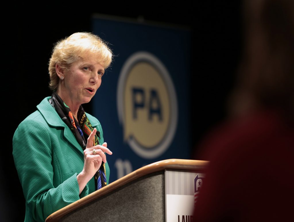 Governor 2018 Pennsylvania Laura Ellsworth, a lawyer from suburban Pittsburgh and a first-time candidate, answers questions from the panel during a debate between Republican Gubernatorial candidates at Harrisburg Area Community College in Harrisburg, Pa., Thursday, March 1, 2018. (AP Photo/Chris Knight)