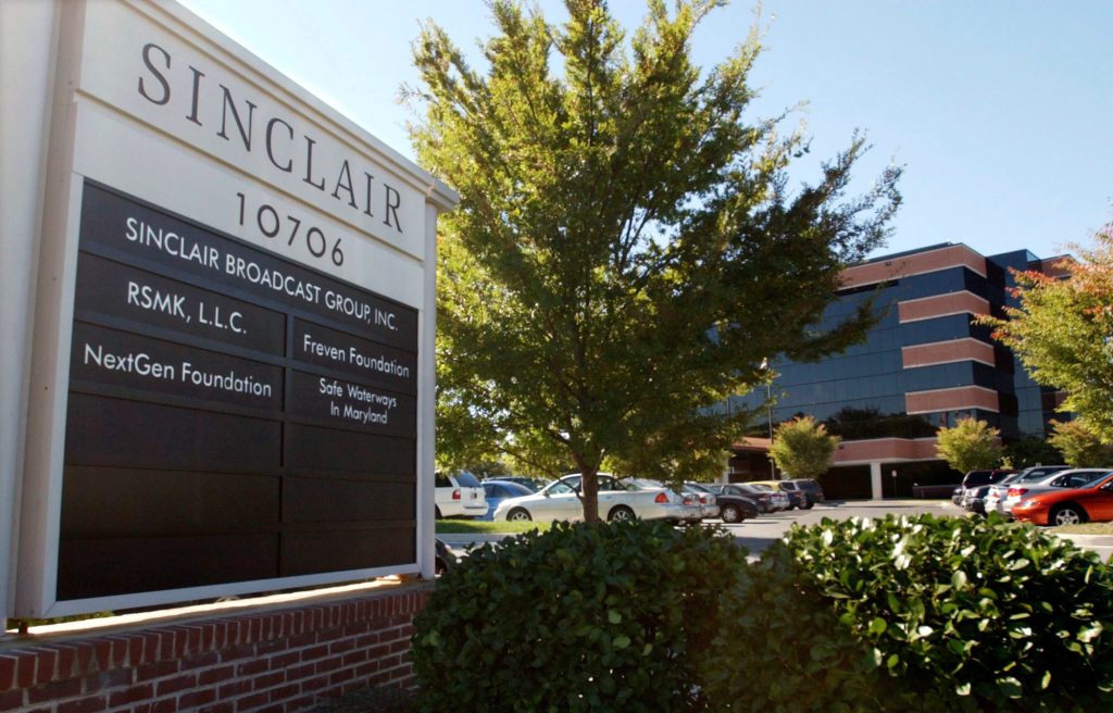 Sinclair Broadcast Group In this Tuesday, Oct. 12, 2004, file photo, Sinclair Broadcast Group, Inc.'s headquarters stands in Hunt Valley, Md. President Trump is jumping to the defense of the Sinclair Broadcast Group, which is under fire following the rapid spread of a video showing anchors at its stations across the country reading a script criticizing