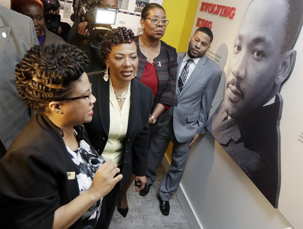 Bernice King Rev. Bernice King, second from left, daughter of the late civil rights leader Rev. Martin Luther King Jr., tours an exhibit at the National Civil Rights Museum, Monday, April 2, 2018, in Memphis, Tenn. The museum was formerly the Lorraine Motel, where Rev. Martin Luther King Jr. was assassinated April 4, 1968. (AP Photo/Mark Humphrey)