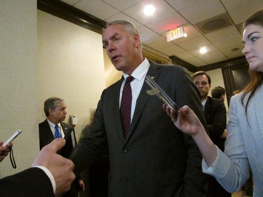 Offshore Wind-Zinke United States Interior Secretary Ryan Zinke speaks at an offshore winds energy forum Friday, April 6, 2018, in Plainsboro, New Jersey. The secretary noted there is