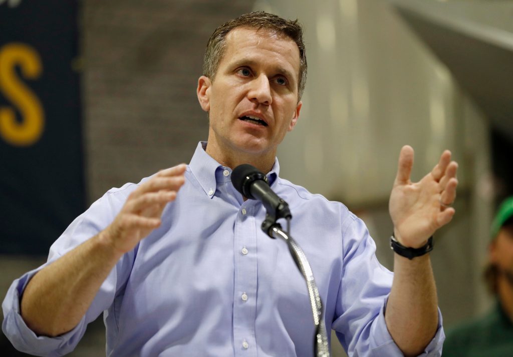 Eric Greitens In this Jan. 29, 2018, file photo, Missouri Gov. Eric Greitens speaks in Palmyra, Mo. Attorneys defending Greitens against an invasion-of-privacy charge are raising doubts about the testimony of a woman with whom he had an affair. In a court filing dated Sunday, April 8, 2018, his attorneys say the woman testified she never saw Greitens with a camera or phone on the day he is accused of taking a partially nude photo of her while she was blindfolded and bound. (Jeff Roberson/AP Photo, File)
