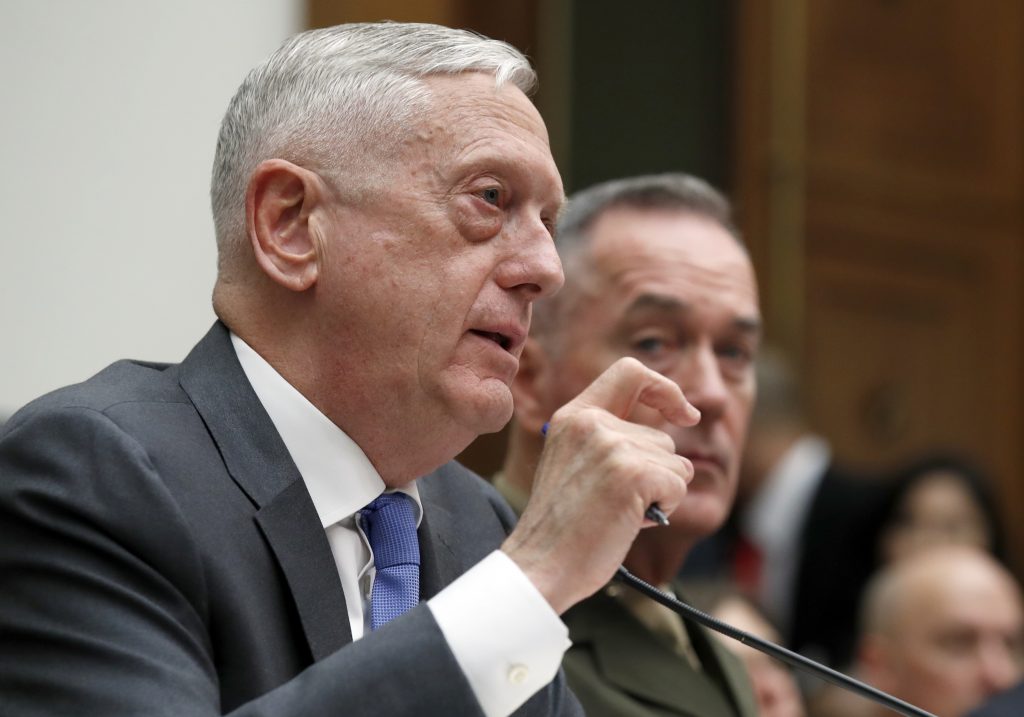 Jim Mattis, Joseph Dunford Defense Secretary Jim Mattis, left, with Joint Chiefs Chairman Gen. Joseph Dunford, testify on the FY2019 budget during a hearing of the House Armed Services Committee on Capitol Hill, Thursday, April 12, 2018 in Washington. (Alex Brandon/AP Photo)