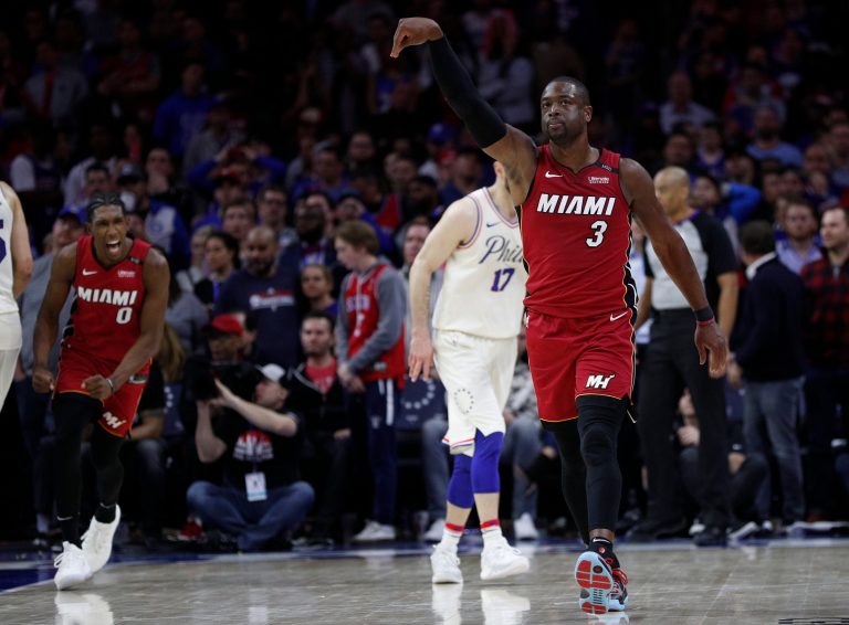 Miami Heat's Dwyane Wade reacts to his basket in the last minute of the second half in Game 2 of a first-round NBA basketball playoff series against the Philadelphia 76ers, Monday, April 16, 2018, in Philadelphia. The Heat won 113-103. (AP Photo/Chris Szagola)