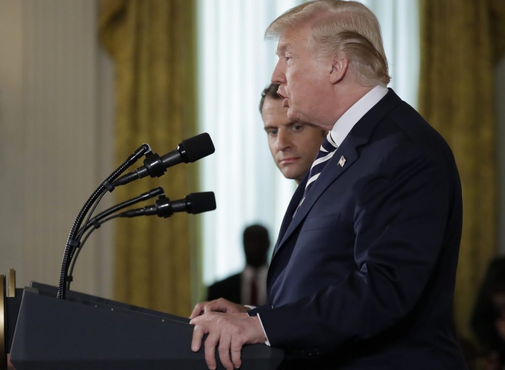 Trump US France President Donald Trump speaks during a news conference with French President Emmanuel Macron in the East Room of the White House, Tuesday, April 24, 2018, in Washington. (AP Photo/Evan Vucci)