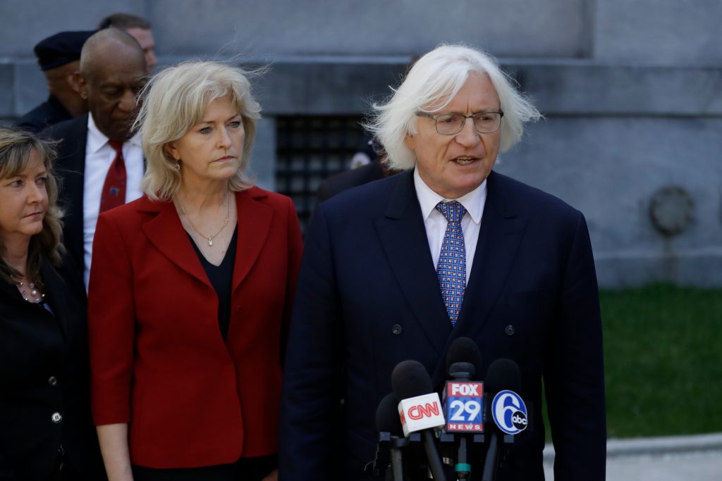 Bill Cosby Attorneys Tom Mesereau, (right), and Kathleen Bliss talk to the media after Bill Cosby's sexual assault trial, Thursday, April 26, 2018, at the Montgomery County Courthouse in Norristown, Pa. (Matt Slocum/AP Photo)