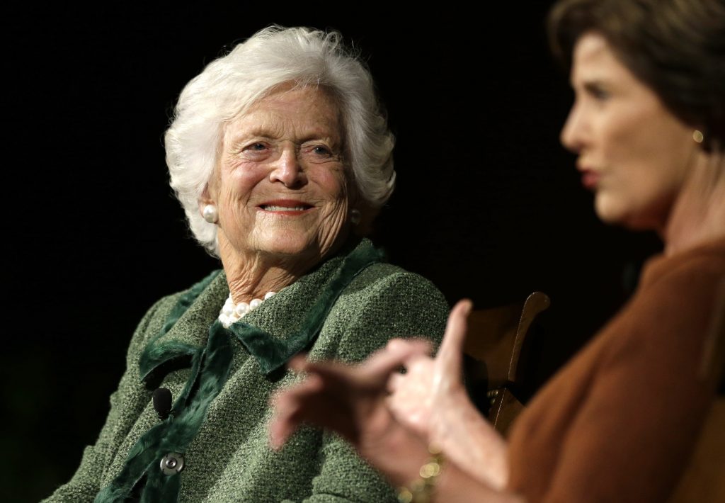 Barbara Bush, Laura Bush A family spokesperson announced Sunday that the former first lady Barbara Bush is in failing health. In this Thursday, Nov. 15, 2012, photo, she is pictured with daughter-in-law and and former first lady, Laura Bush. (David J. Phillip/AP Photo)