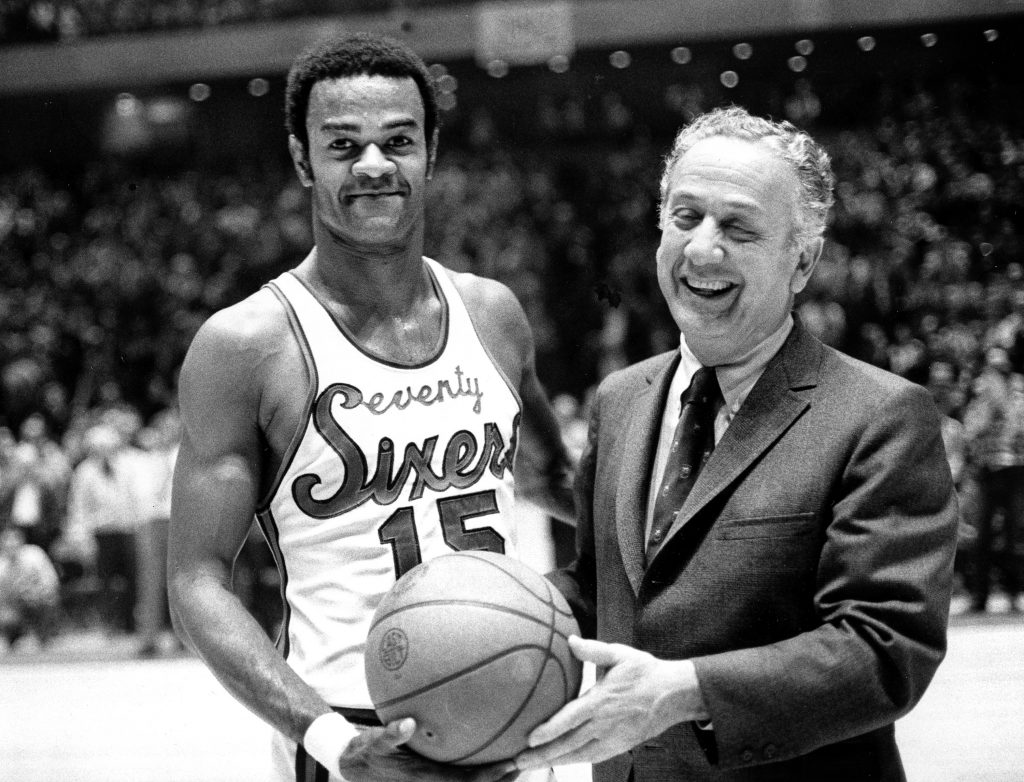 Greer Kosloff Hal Greer (15), of the Philadelphia 76ers, accepts ball from Sixers owner Irv Koslof