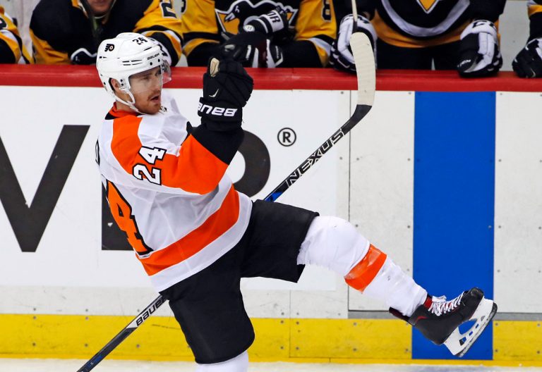 Philadelphia Flyers' Matt Read celebrates his empty-net goal during the third period in Game 5 of an NHL first-round hockey playoff series against the Pittsburgh Penguins in Pittsburgh, Friday, April 20, 2018. (Gene J. Puskar/AP Photo)