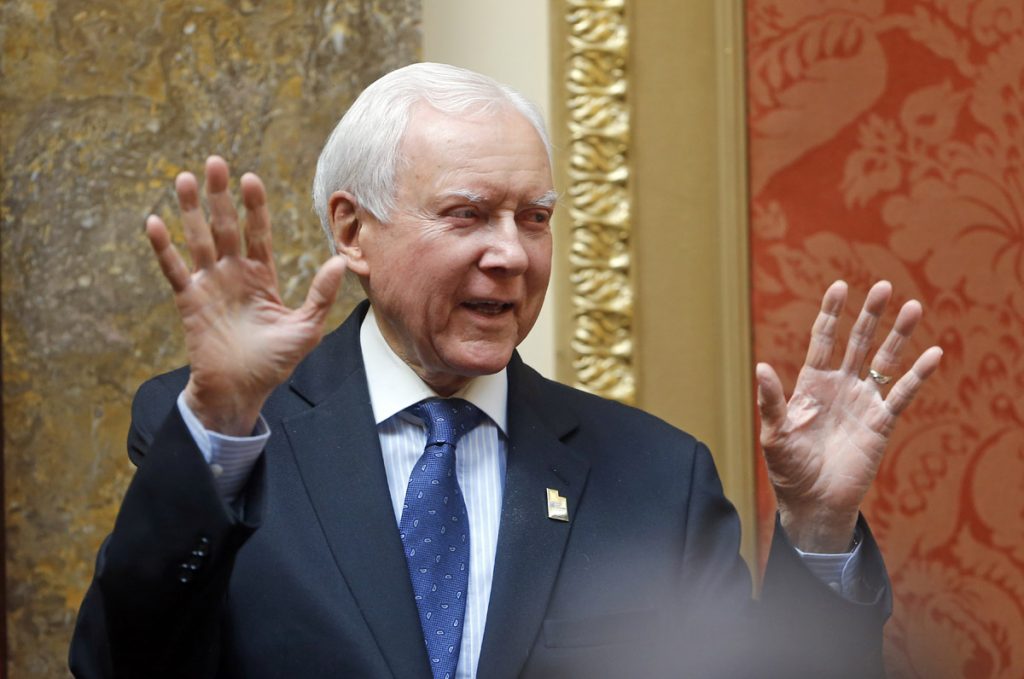 Sen. Orrin Hatch, R-Utah, gestures to the Utah House during a visit Wednesday, Feb. 21, 2018, at the Utah State Capitol, in Salt Lake City. Utah's Legislature unanimously passed a resolution Wednesday honoring retiring Hatch. The resolution declared the day 
