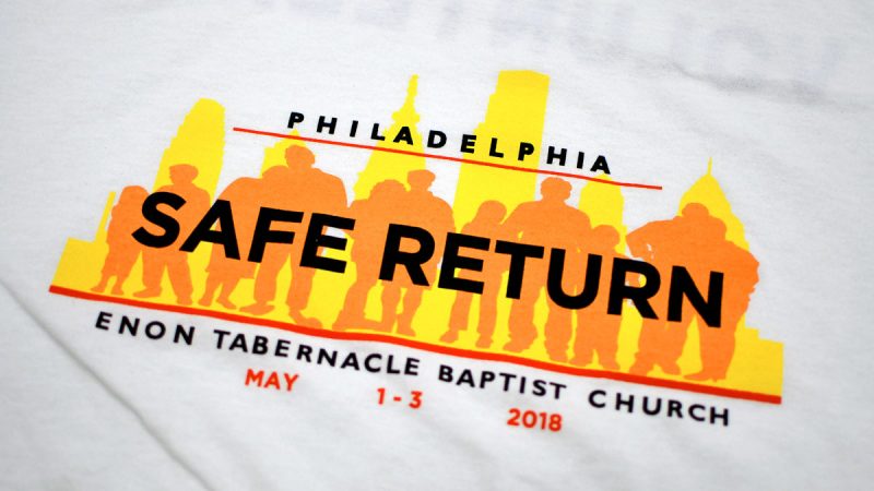 A shirt promotes the May 1 - 3 dates for the Safe Return program, during a press conference at Enon Tabernbacle Church, on Wednesday April 25, 2018. (Bastiaan Slabbers/for WHYY)