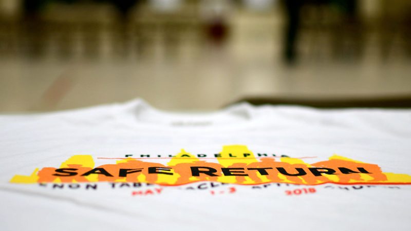 A shirt promotes the May 1 - 3 dates for the Safe Return program, during a press conference at Enon Tabernbacle Church, on Wednesday April 25, 2018. (Bastiaan Slabbers/for WHYY)
