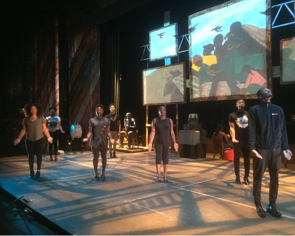 Step Afrika! rehearses for its production “The Migration: Reflections on Jacob Lawrence.” (Zoe Read/WHYY)