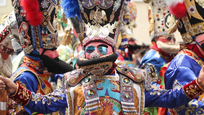 The elaborate costumes of the annual Carnaval de Puebla draw comparisons to the Mummers. (Angela Gervasi for WHYY)