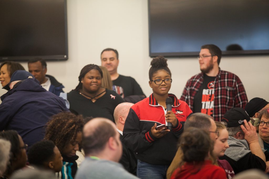 DE_Gun_Townhall-7 Avery Jones, a student at William Penn High School in organized the town hall to discuss guns and gun violence Saturday morning. (Brad Larrison for WHYY)