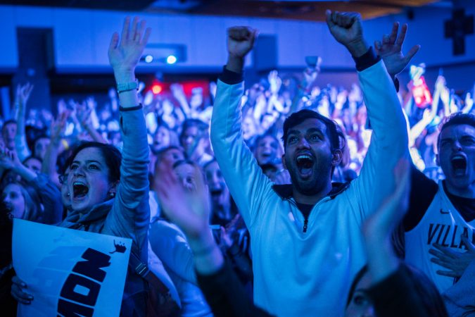 Villanova student Kanishka Rao celebrates as the men's basketball team wins the NCAA championship. (Branden Eastwood for WHYY)