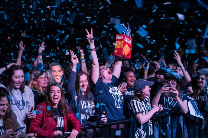 Villanova students celebrates as the men's basketball team wins the NCAA championship. (Branden Eastwood for WHYY)