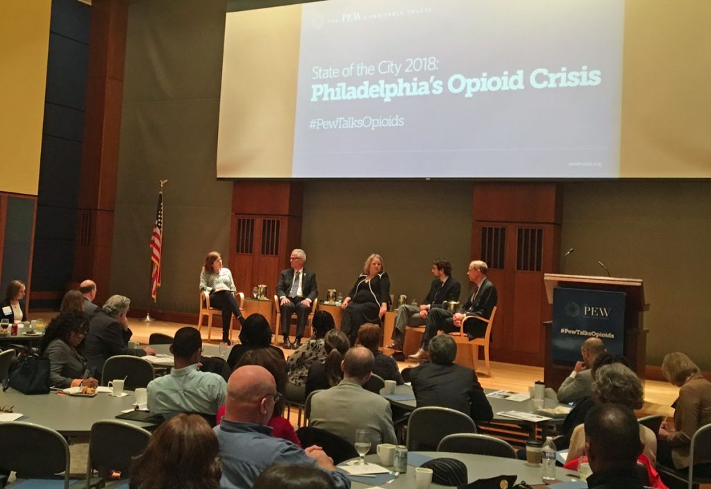 HYYEGpewopioidreporttalkx1200 A panel talk on Philadelphia's opioid crisis featured (from left) Maiken Scott, moderator and host of WHYY's The Pulse; Michael McMahon, district attorney of Richmond County (Staten Island), New York; Cynthia Reilly, director of Pew’s substance use prevention and treatment initiative; Evan Behrle, special adviser for opioid policy at Baltimore City's Health Department; Thomas Farley, Philadelphia's health commissioner. (Elana Gordon/WHYY)
