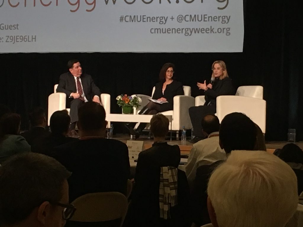 San Juan Mayor Carmen Yulín Cruz, (right), of Puerto Rico speaks on a panel at Carnegie Mellon University alongside Pittsburgh Mayor Bill Peduto and CMU Interim Provost Laurie Weingart. (Amy Sisk/StateImpact Pennsylvania)