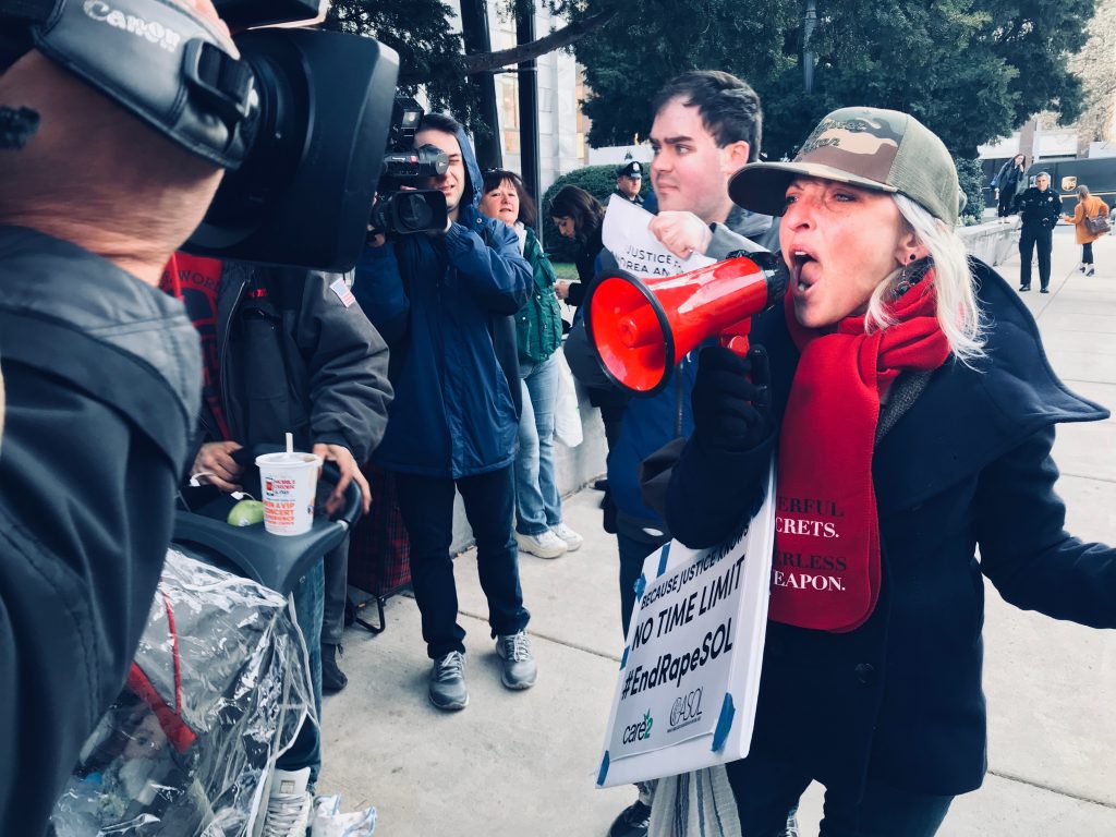 Activist Bird Milliken shouts 