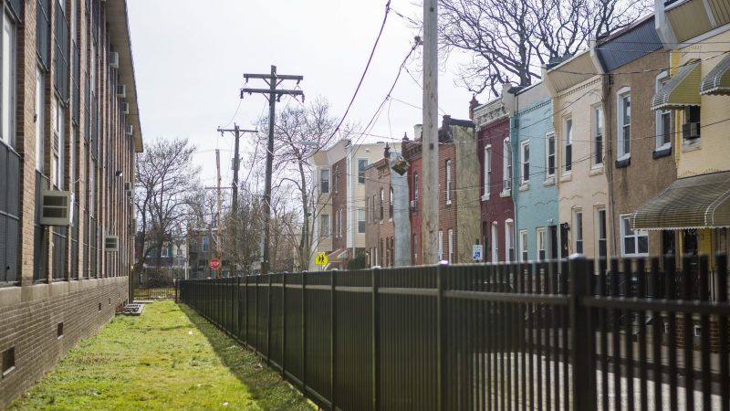 Blaine Elementary School (left) is directly across the street from Jovan's former home. (Jessica Kourkounis/WHYY)