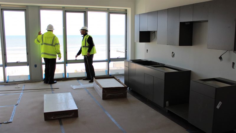 The future kitchen inside one of the new dorms at Stockton University in Atlantic City. (Bill Barlow/ for WHYY)