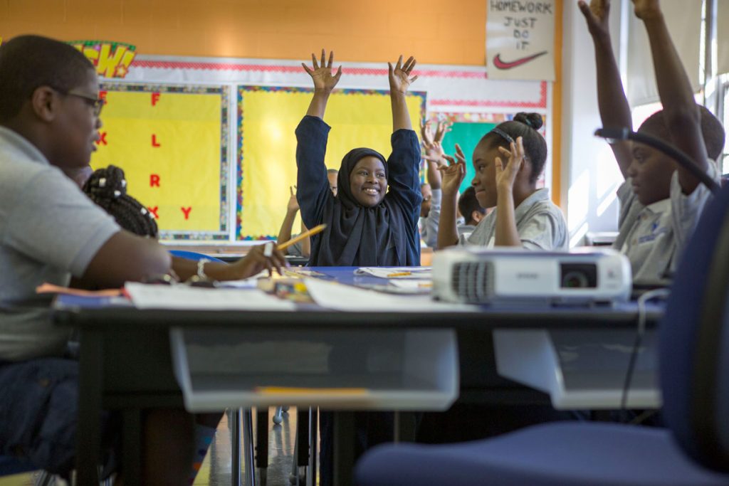 IMG_8383_SFW Students in Bahir Hayes' fifth-grade English class. (Jessica Kourkounis/WHYY)