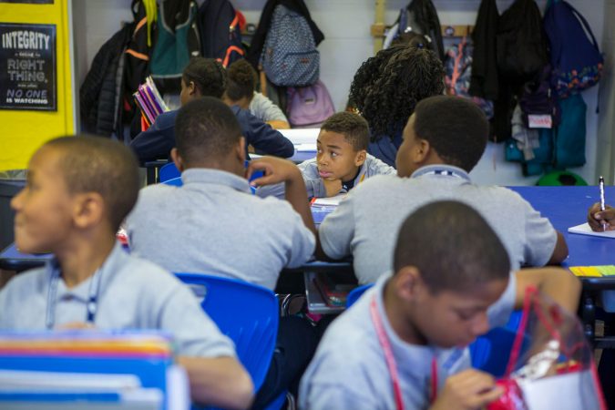 Fifth-grade students at Wister during morning homeroom. (Jessica Kourkounis/WHYY)