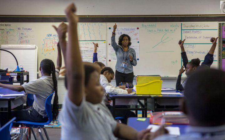 Social studies teacher Shantel Shaw, 25, used  projects to get students enthusiastic about history.  (Jessica Kourkounis/WHYY)