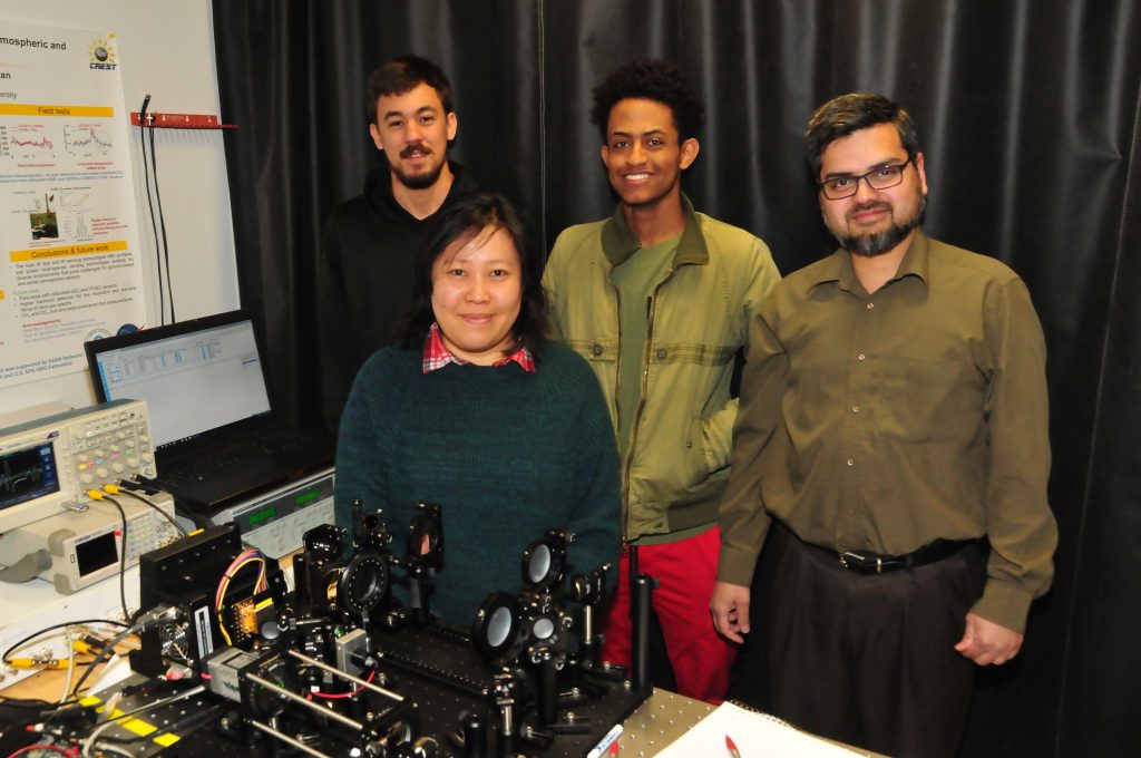 Khan’s research team DSU researchers Caio Azevedo, a junior from Brazil; May Hlaing, a doctoral student from Myanmar; Luil Menberu, a sophomore from Ethiopia; and Dr. Mohammad Khan will develop a chemical weapon sensing laser with grant funds from the Department of Defense. (Courtesy DSU)