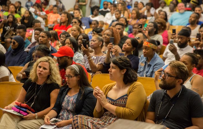 Matt Rankin (right front) sits with other faculty members during the ceremony. (Lindsay Lazarski/WHYY)