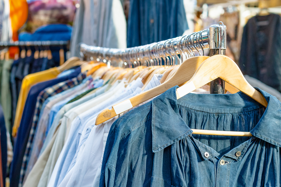 Rail Of Second-hand Clothes On Display Rail Of Second-hand Clothes
