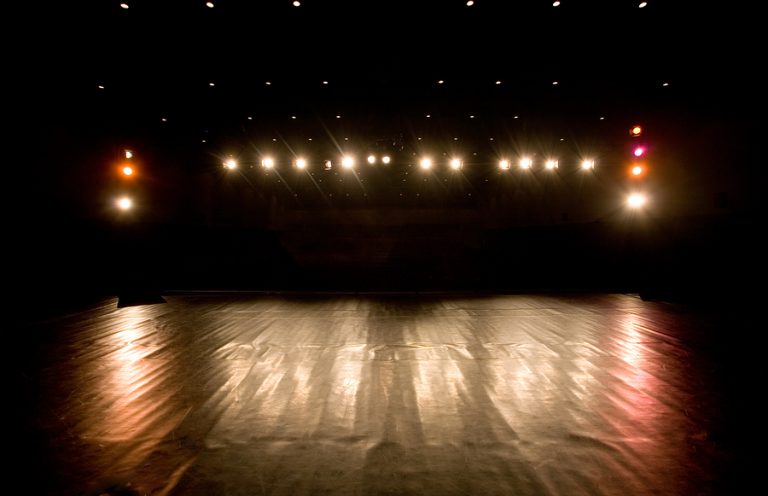 spotlights and reflections on a modern theater stage