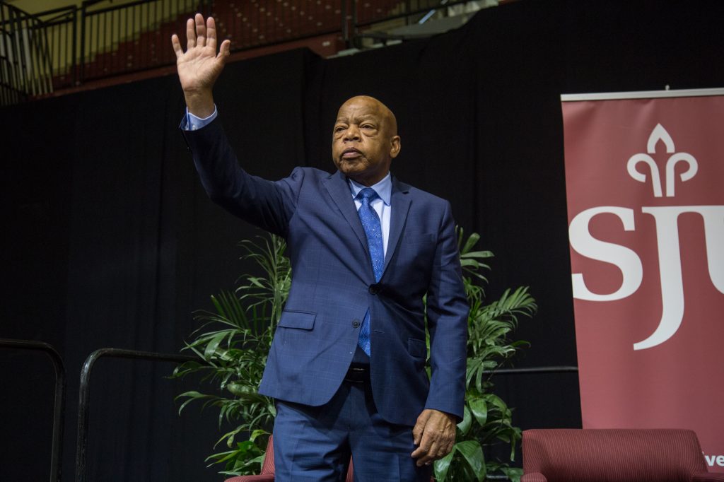 cohen-john_lewis-17 Representative John Lewis thanks the crowd gathered at St. Joseph's University on April 16th 2018 to commemorate the 50th anniversary of Martin Luther King Jr's death.