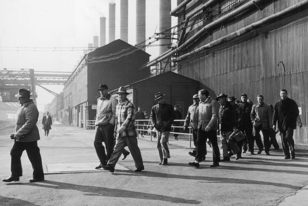 Steelworkers leave a plant at the end of their shift in Bethlehem, Pa., in 1947. Employment in the industry has declined by 80 percent from its peak six decades ago, according to author Douglas Irwin. Steelworkers leave a plant at the end of their shift in Bethlehem, Pa., in 1947. Employment in the industry has declined by 80 percent from its peak six decades ago, according to author Douglas Irwin. (Hulton Archive/Getty Images)