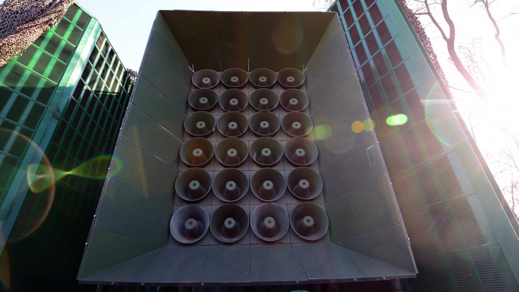 South Korea’s speaker array, located at a military base near its border with the North. The South Korean Ministry of Defense announced on Monday it would cease propagandistic broadcasts of K-pop and other audio. South Korea's speaker array, located at a military base near its border with the North. The South Korean Ministry of Defense announced on Monday it would cease propagandistic broadcasts of K-pop and other audio.
(Pool/Getty Images)