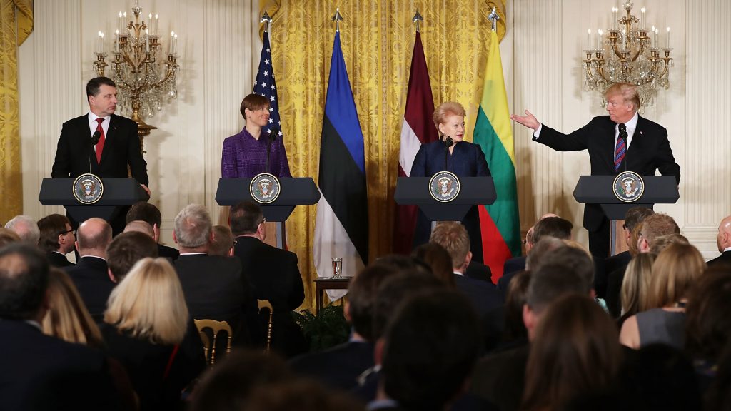 Left to right: Latvian President Raimonds Vejonis, Estonian President Kersti Kaljulaid, Lithuanian President Dalia Grybauskaite and U.S. President Donald Trump, hold a joint news conference in the East Room of the White House Tuesday. Left to right: Latvian President Raimonds Vejonis, Estonian President Kersti Kaljulaid, Lithuanian President Dalia Grybauskaite and U.S. President Donald Trump, hold a joint news conference in the East Room of the White House Tuesday.