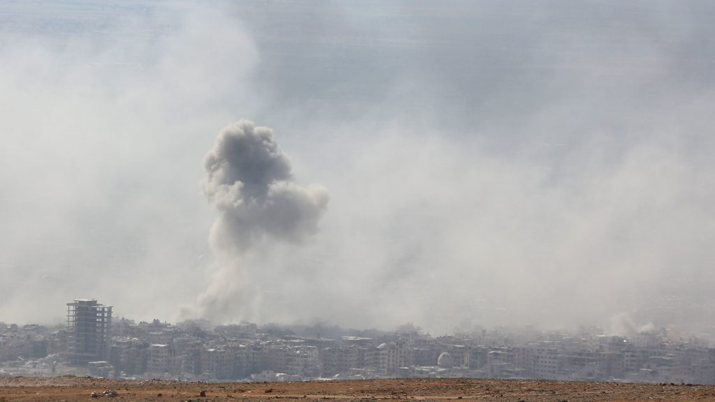 Smoke billows in Douma, Syria, on Saturday. The White House says President Trump is weighing military action following an alleged chemical attack in the town. Smoke billows in Douma, Syria, on Saturday. The White House says President Trump is weighing military action following an alleged chemical attack in the town. (AFP/Getty Images)