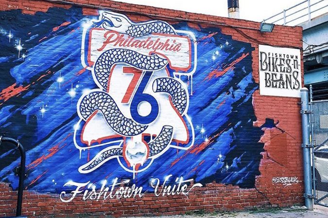 One of a series of murals for the Philadelphia 76ers playoff mural campaign in 2018 (Conrad Brenner/Streets Dept.)