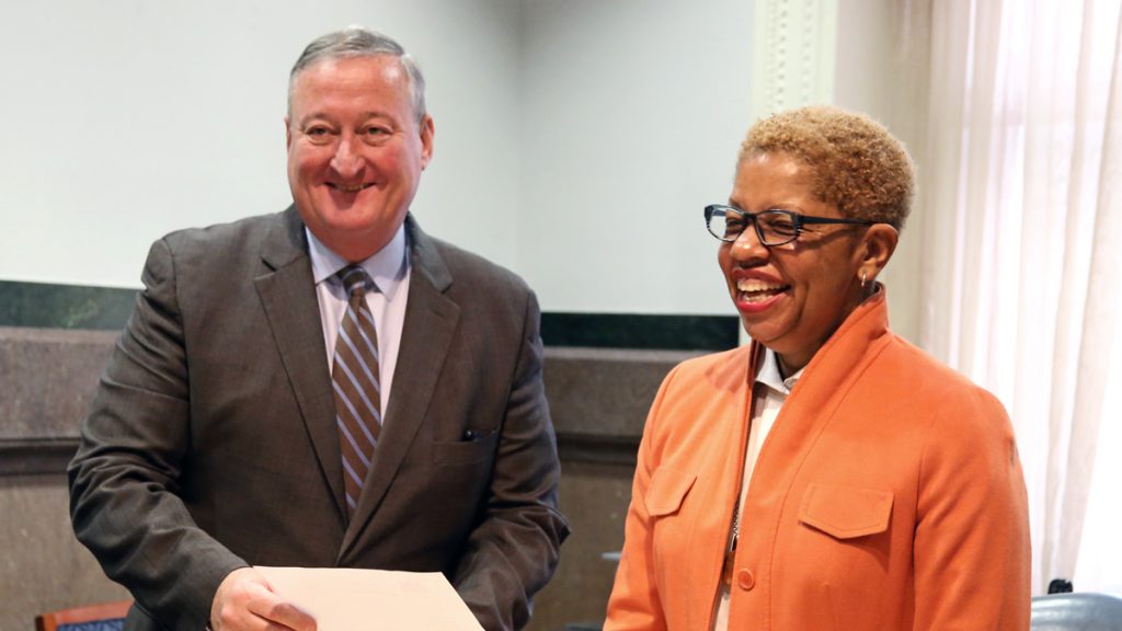 joyce_wilkerson_1200x675 Pictured in this WHYY file photo are Mayor Jim Kenney and Joyce Wilkerson. Both Wilkerson and Christopher McGinley (not pictured) were today named to the 9 member Philadelphia School Board. (WHYY, file)