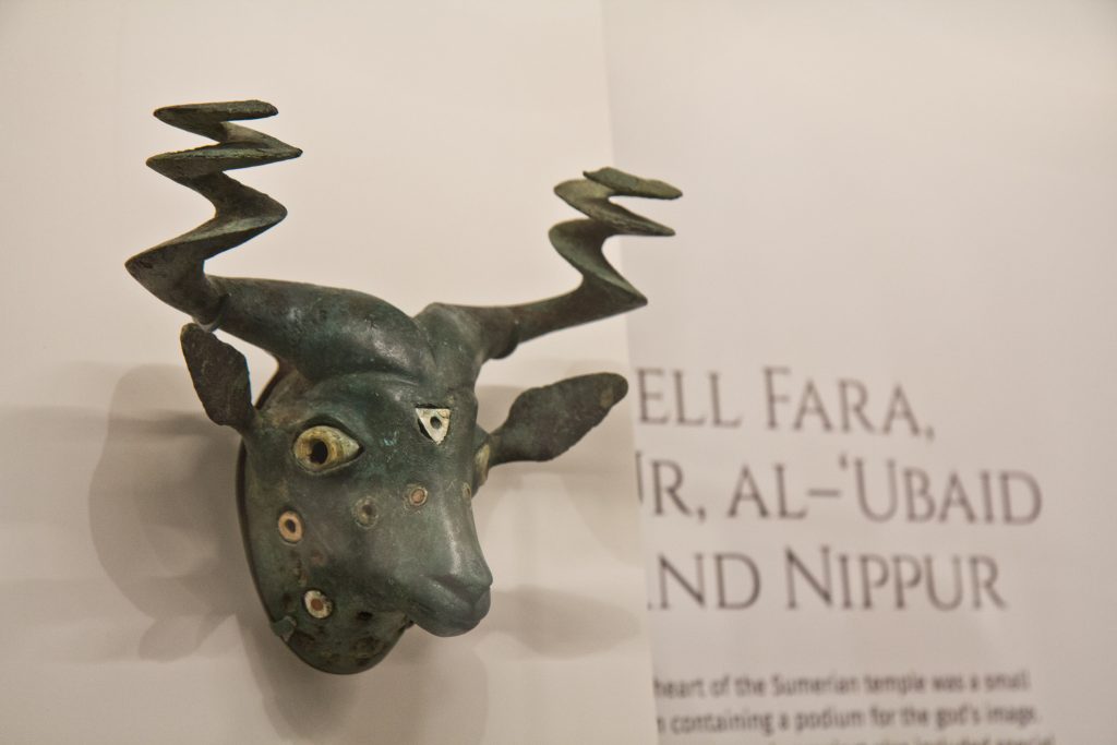 middle east galleries-12 Goat head made of copper alloy, shell and stone, 2475-2300 BCE. (Kimberly Paynter/WHYY)