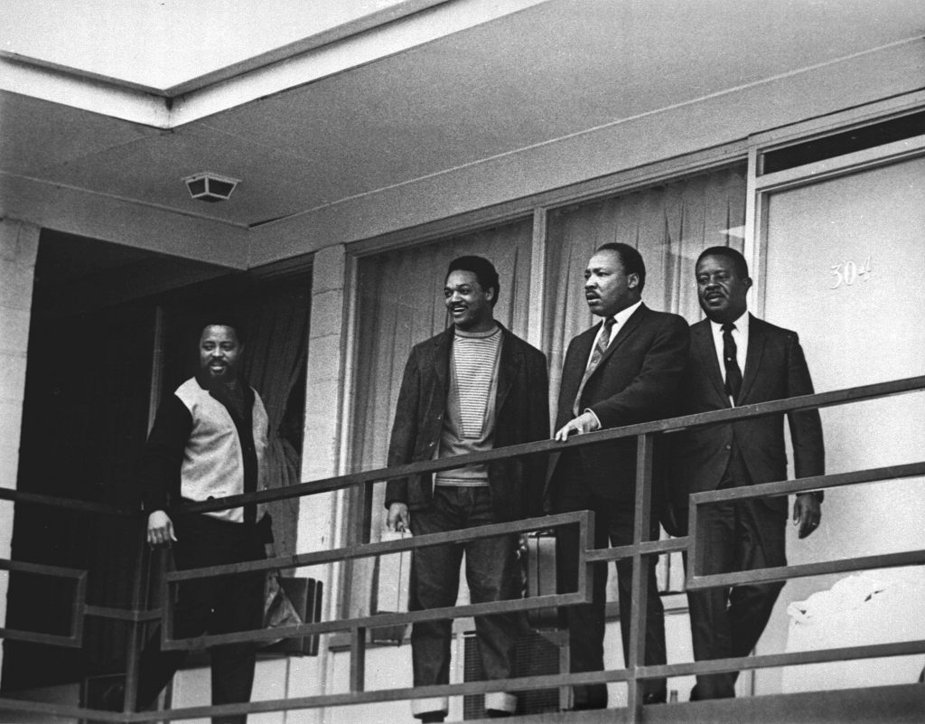 Martin Luther King Jr. stands with fellow civil rights leaders on the balcony of the Lorraine Motel in Memphis, Tenn., on April 3, 1968 — one day before he was assassinated while standing in approximately the same place. From left are Hosea Williams, Jesse Jackson, King and Ralph Abernathy. Martin Luther King Jr. stands with fellow civil rights leaders on the balcony of the Lorraine Motel in Memphis, Tenn., on April 3, 1968 -- one day before he was assassinated while standing in approximately the same place. From left are Hosea Williams, Jesse Jackson, King and Ralph Abernathy.