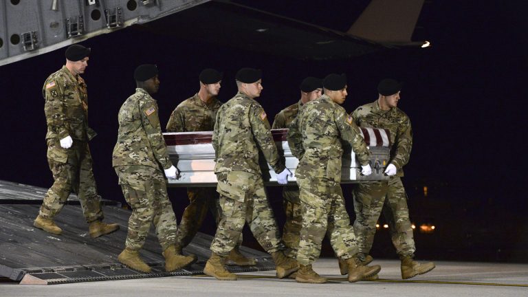 A U.S. Army team transfers the remains of Staff Sgt. Dustin Wright, 29, of Lyons, Ga., at Dover Air Force Base, Del., on Oct. 5. Wright was one of four U.S. troops killed in an ambush in Niger.
Staff Sgt. Aaron J. Jenne/U.S. Air Force via AP