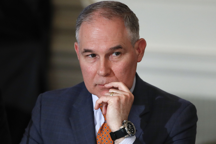 Scott Pruitt Environmental Protection Agency Administrator Scott Pruitt attends a meeting with state and local officials and President Donald Trump about infrastructure in the State Dining Room of the White House in Washington, Monday, Feb. 12, 2018. (AP Photo/Carolyn Kaster)